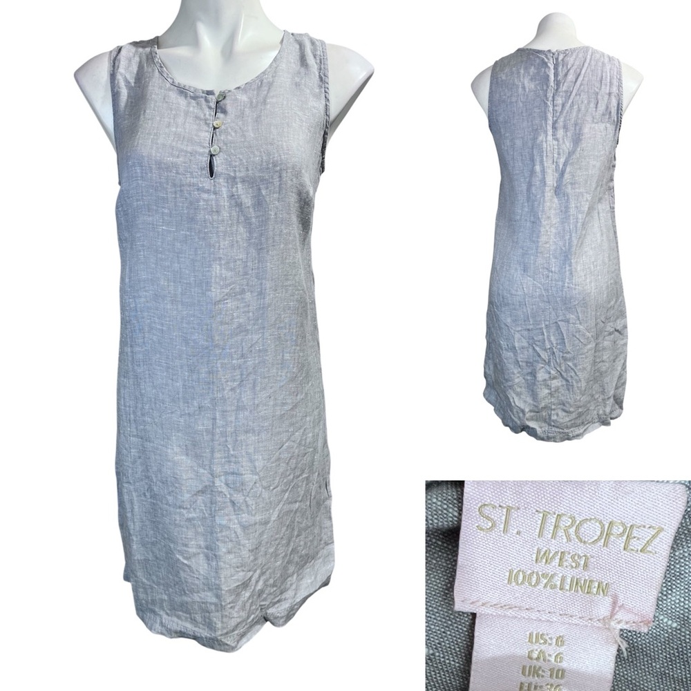 St. Tropez West dress size‎ 6 gray 100% Linen sleeveless vacation resortwear